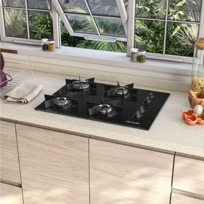 Cooktop 4 Bocas a Gás Mesa de Vidro Ultra Chama MCG4BB Bivolt Mueller