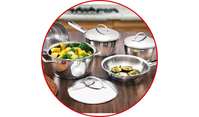 jogo de panelas allegra em aco inox com fundo triplo e tampas de inox 5 pecas tramontina 213